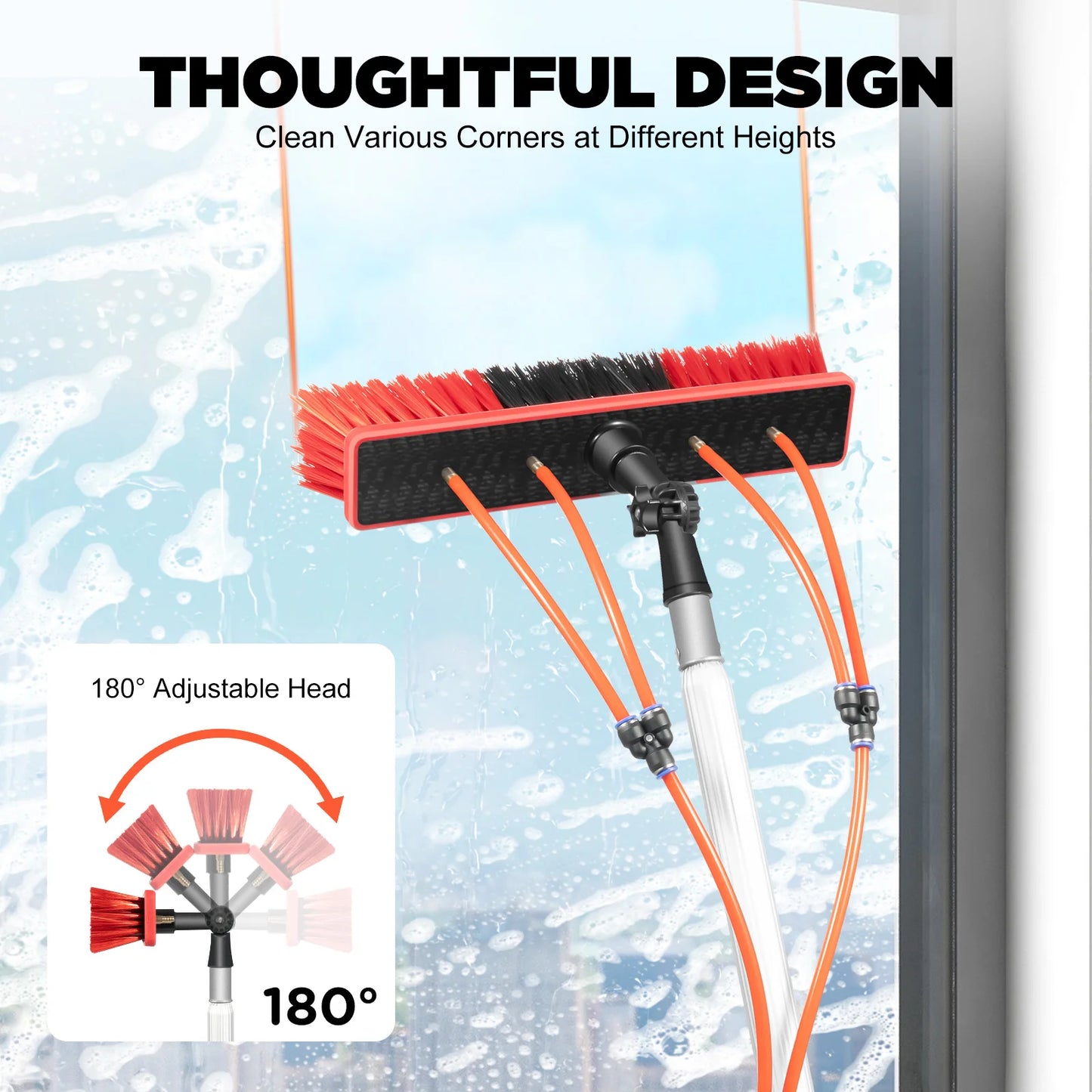Water Fed Pole Cleaning Kit 180° Rotated Window Cleaner with Telescopic Handle Removable Brush Head Roof Cleaning Brush
