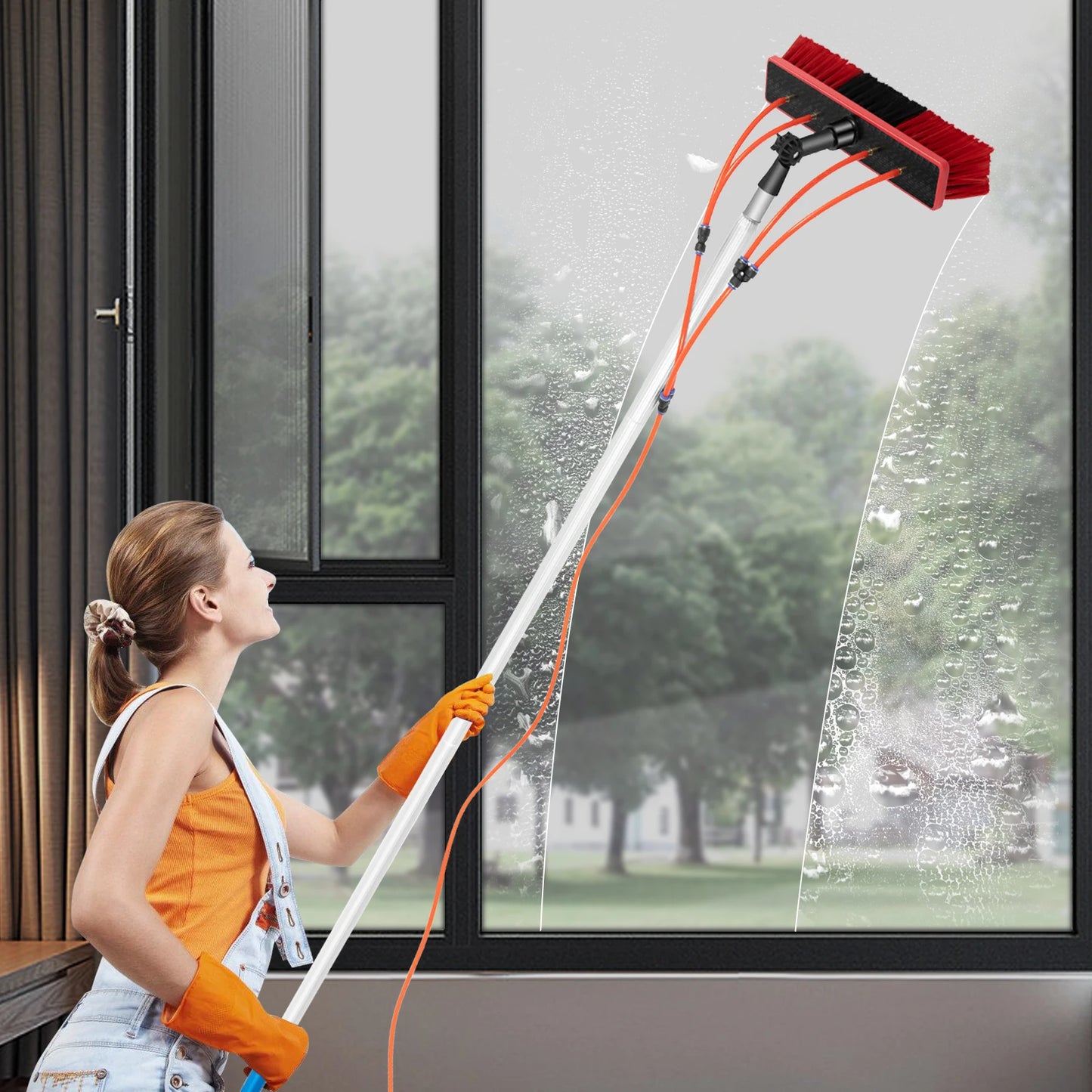 Water Fed Pole Cleaning Kit 180° Rotated Window Cleaner with Telescopic Handle Removable Brush Head Roof Cleaning Brush