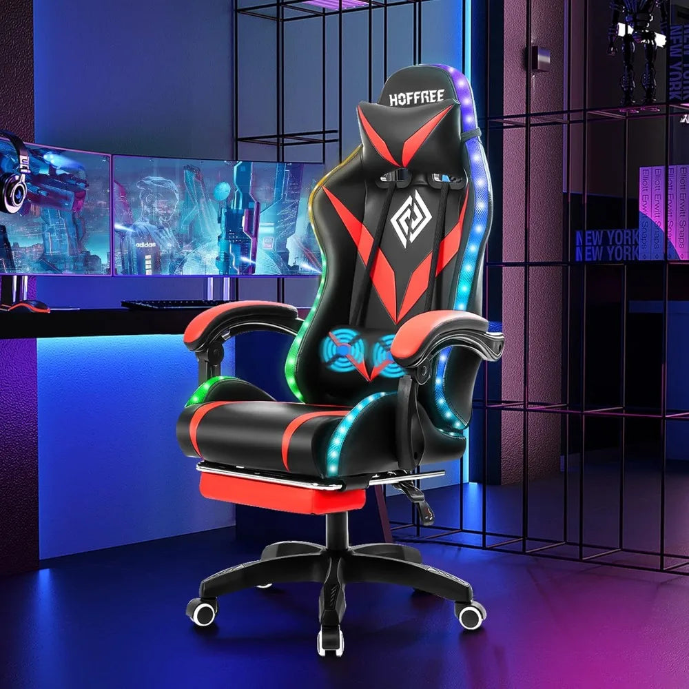 LED RGB Light Massage Ergonomic Video Game Chair with Footrest and High Back Reclining for Computer Use