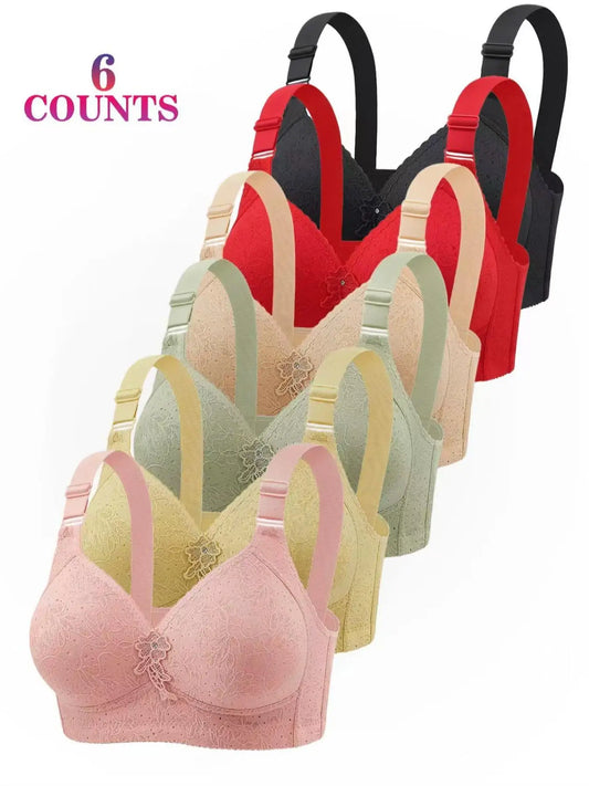 6 Piece Lace Anti Sagging Push Up Bras Without Underwire With Side Breast Support Floral Decoration For All Seasons
