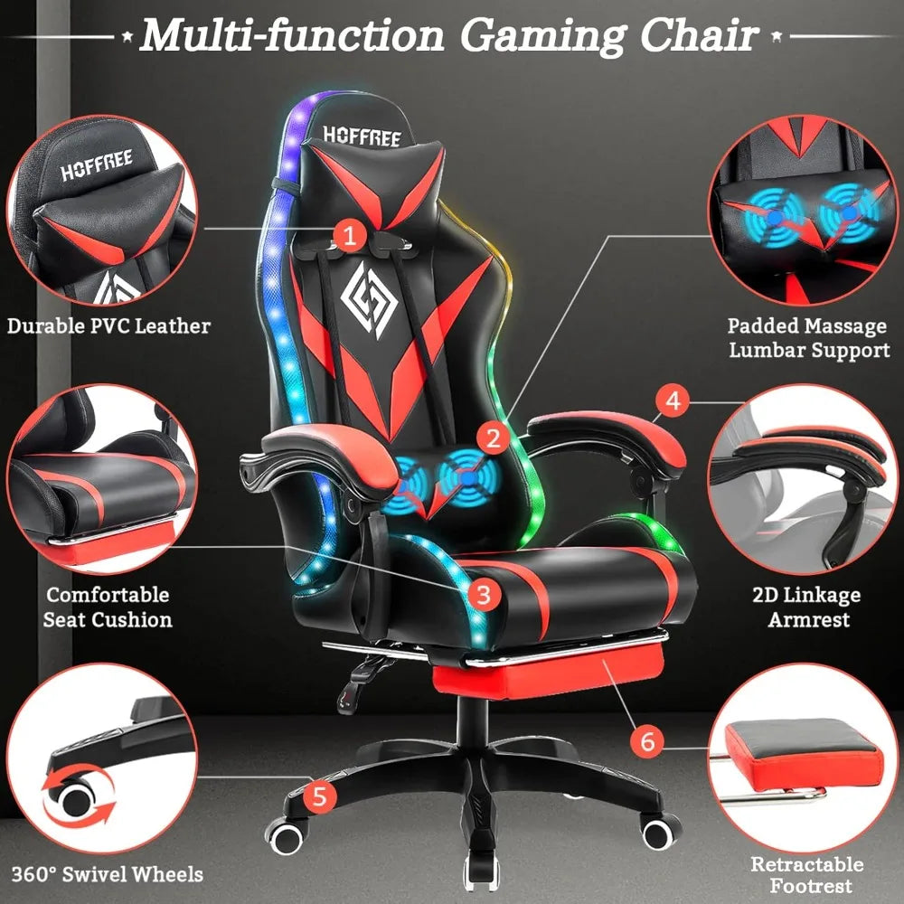LED RGB Light Massage Ergonomic Video Game Chair with Footrest and High Back Reclining for Computer Use