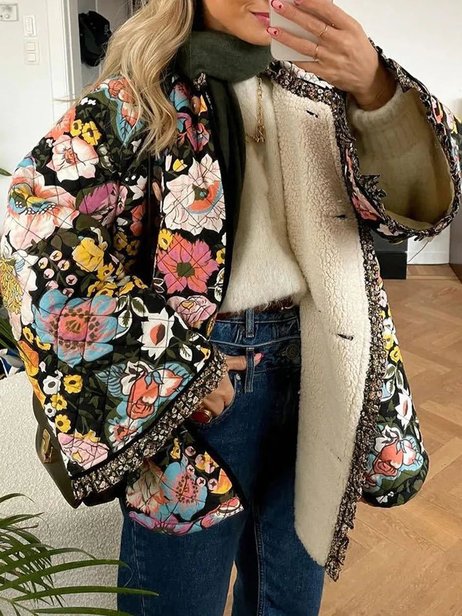 Women Winter Quilted Jacket Casual Floral Print Lightweight Long Sleeve Button Cardigan for Fall Outwear Streetwear