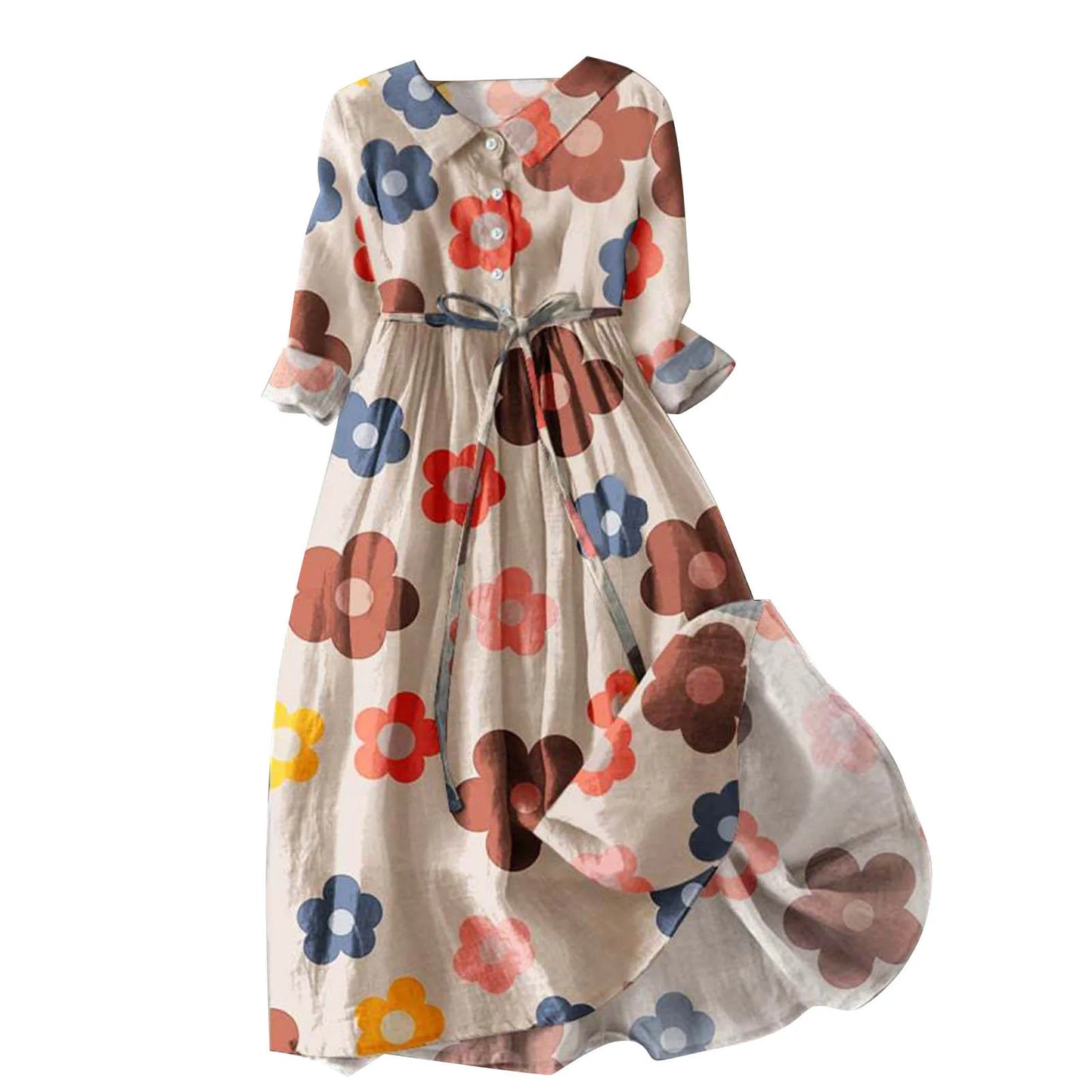 Elegant Women French Style Shirt Long Dresses Slim Fit Lapel Button Up Summer Dress With Linner Female Boho Beach Party Sundress