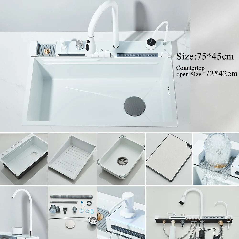 304 Stainless Steel Waterfall Kitchen Sink With Slot Integrated Digital Display Faucet Soap Dispenser And Cup Washer