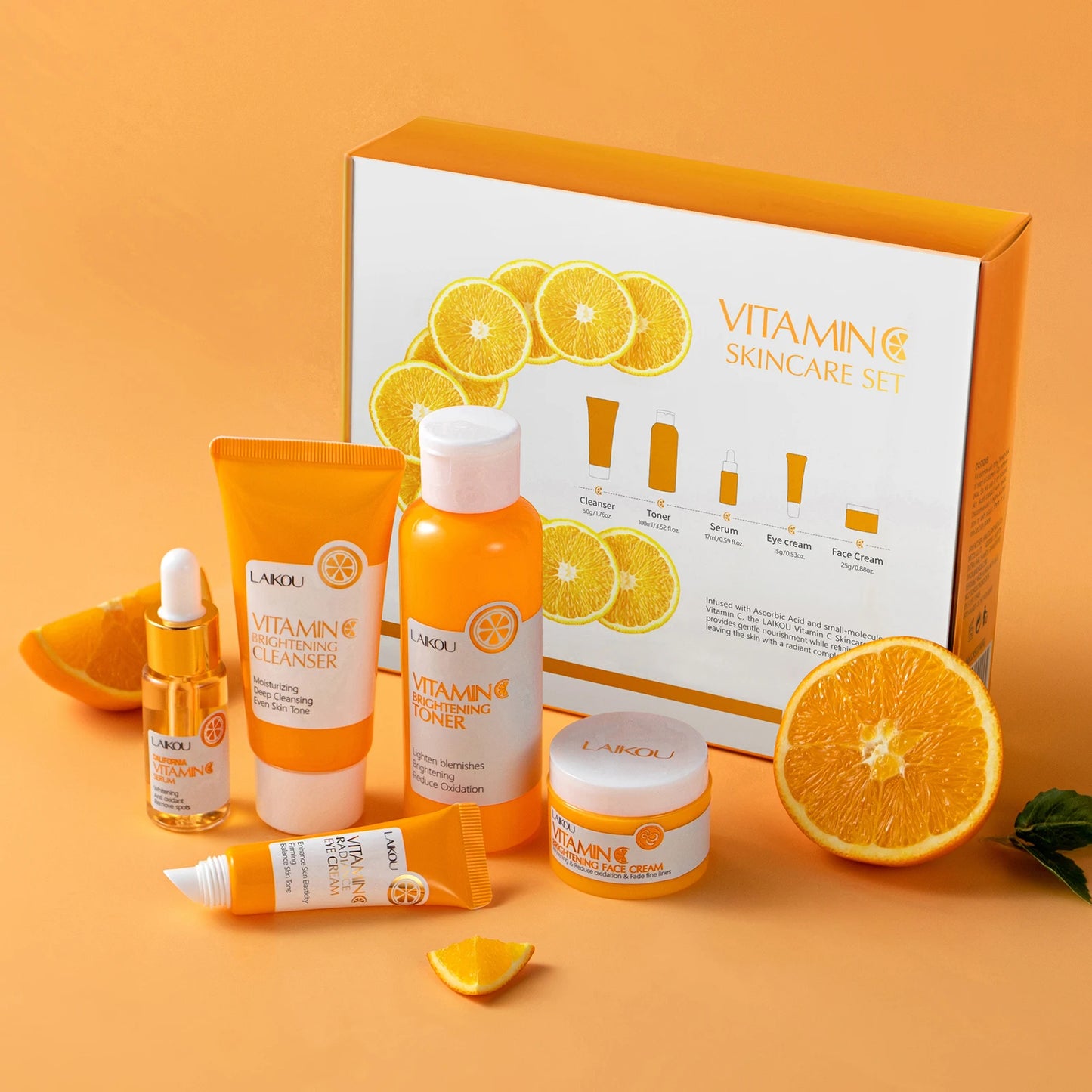 LAIKOU VITAMIN C Skincare Set Brightening 5Pcs Kit Even Skin Tone Smooth Wrinkle Tighten Pores Cleanser Toner Serum Eye Cream