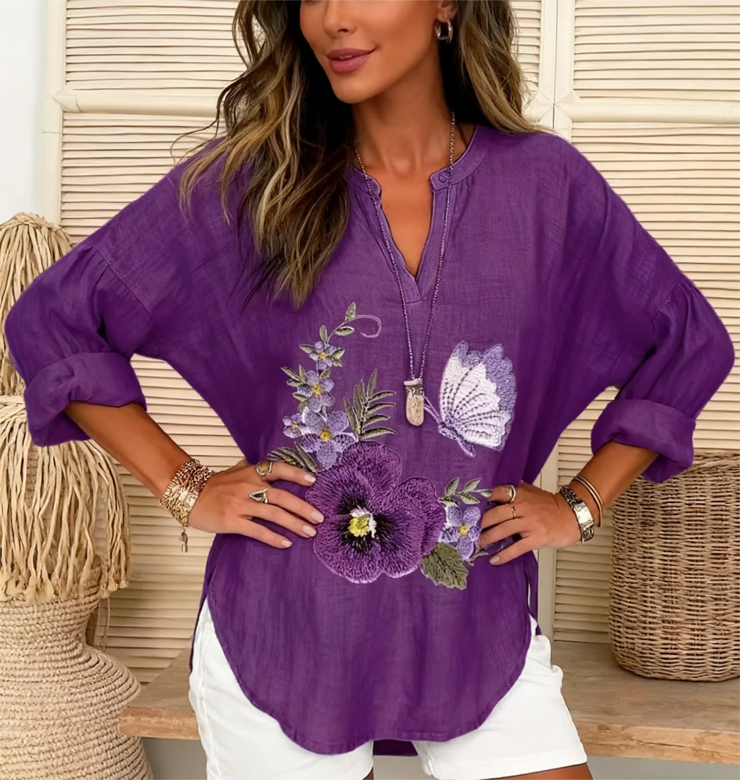 Women'S Vintage Floral Print V-Neck Long Sleeve Blouse - Casual Flowy Top