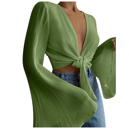 Blouse For Women Plus Size Solid Bell Sleeve Pleated Chiffon Shirt Strap Cardigan Tops Summer Blouses For Women Blusas Blouses
