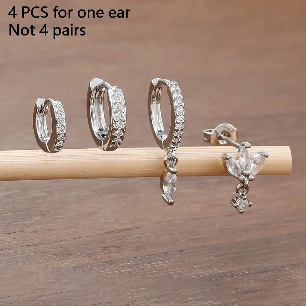 4PCS Exquisite Zircon Hoop Earrings Set for Women Stainless Steel Hoops Water Drop Shape Cartilage Earring Piercing Jewelry