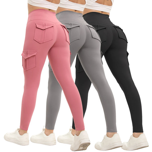 Three Pack Womens Solid Color Gym Leggings High Waisted Fitness Yoga Pants With Pockets Nylon Elastane
