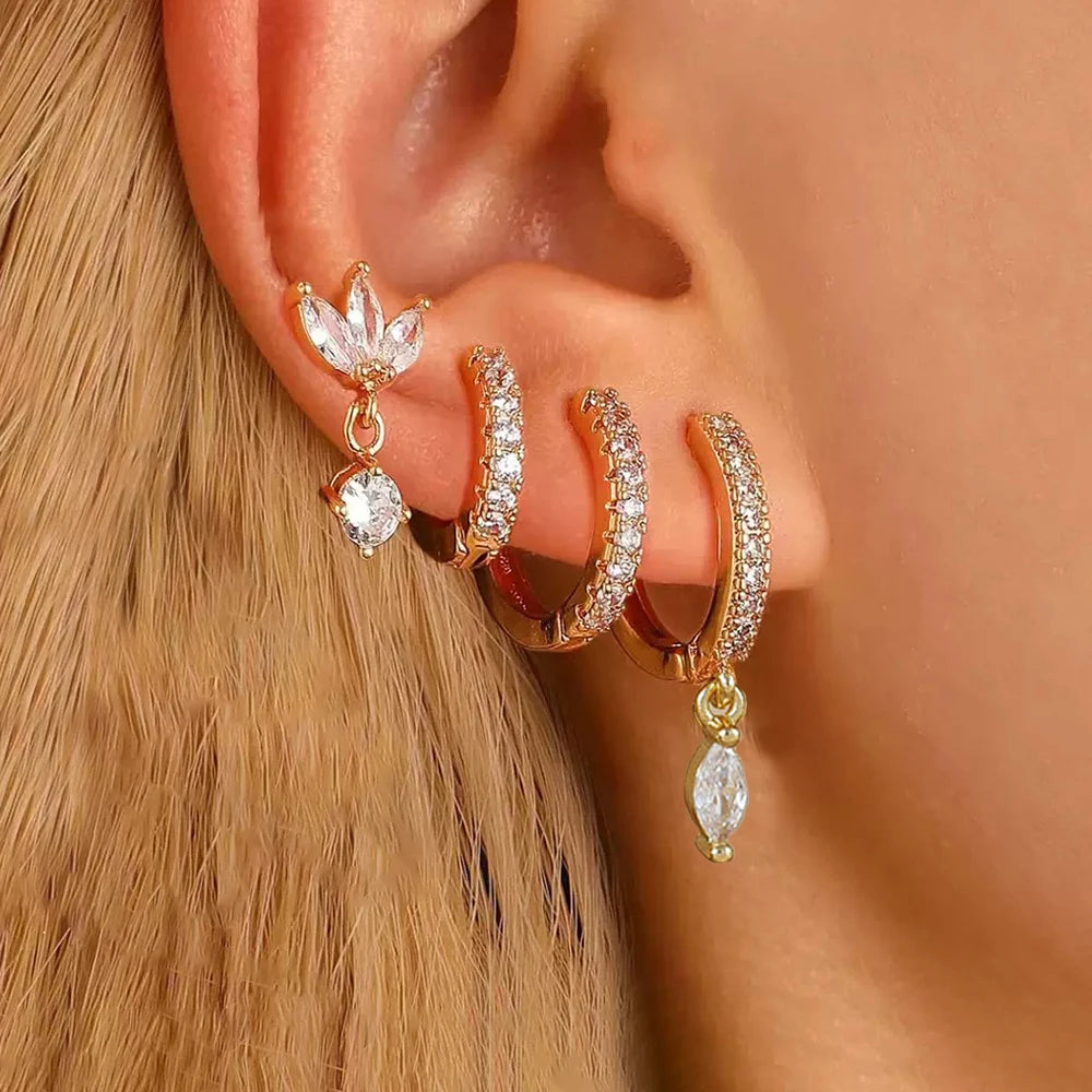 4PCS Exquisite Zircon Hoop Earrings Set for Women Stainless Steel Hoops Water Drop Shape Cartilage Earring Piercing Jewelry
