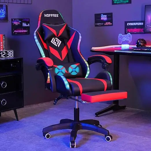 LED RGB Light Massage Ergonomic Video Game Chair with Footrest and High Back Reclining for Computer Use