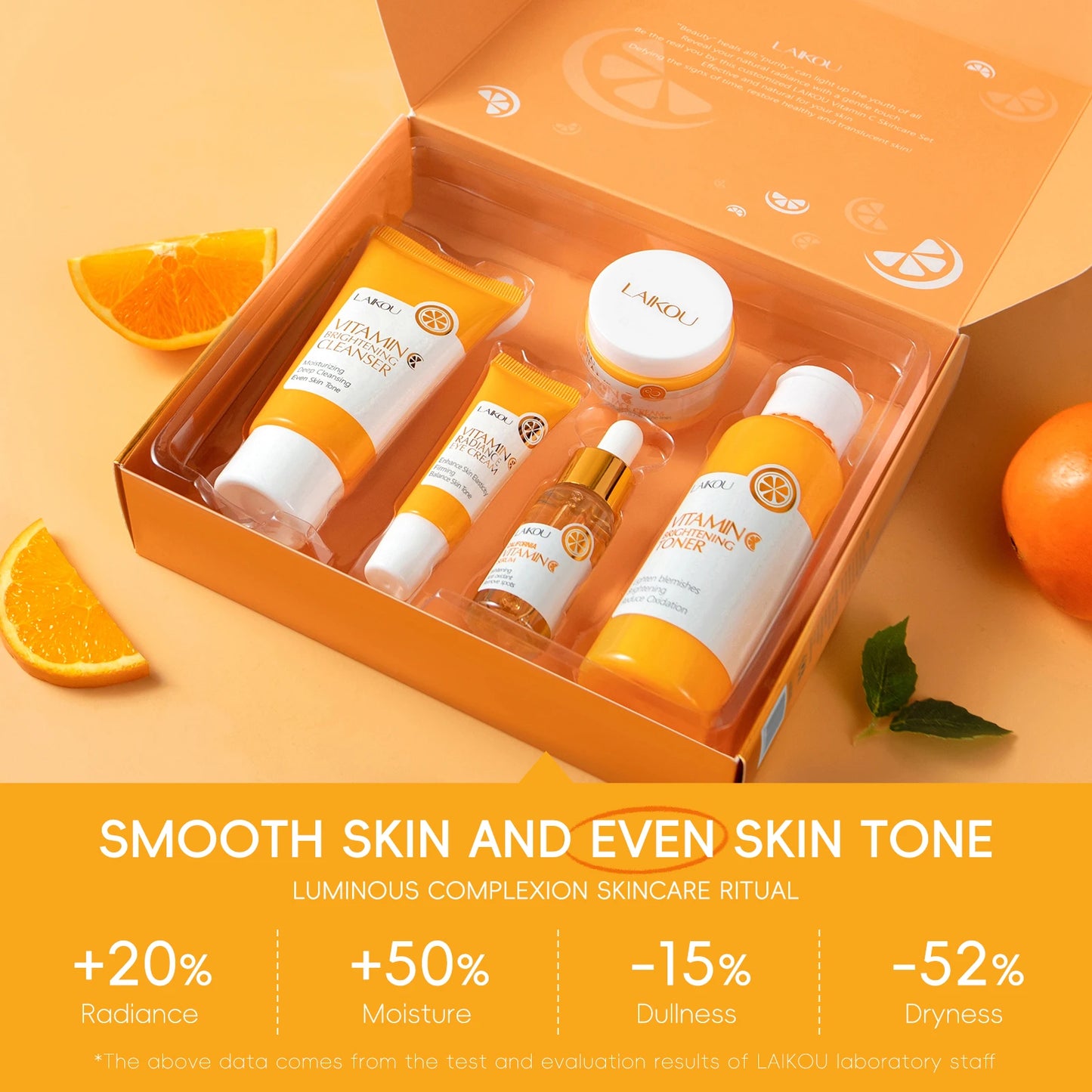 LAIKOU VITAMIN C Skincare Set Brightening 5Pcs Kit Even Skin Tone Smooth Wrinkle Tighten Pores Cleanser Toner Serum Eye Cream