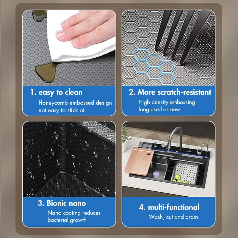 304 Stainless Steel Waterfall Kitchen Sink With Slot Integrated Digital Display Faucet Soap Dispenser And Cup Washer