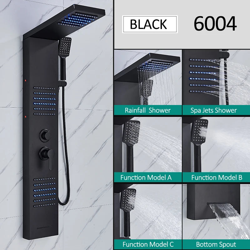 Black LED Shower Panel Tower System Rain Waterfall Shower Column Hydroelectricity Massage Body Spa Bath Shower Faucet Mixer