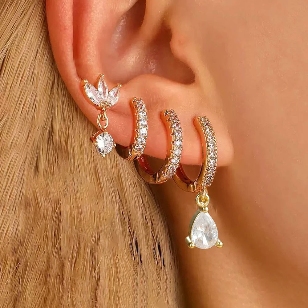 4PCS Exquisite Zircon Hoop Earrings Set for Women Stainless Steel Hoops Water Drop Shape Cartilage Earring Piercing Jewelry