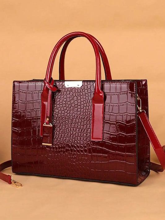 New Crocodile Pattern Large Handbag Square Bag Ladies Tote Bag With Accessories, Eye-Catching Work Bags For Women