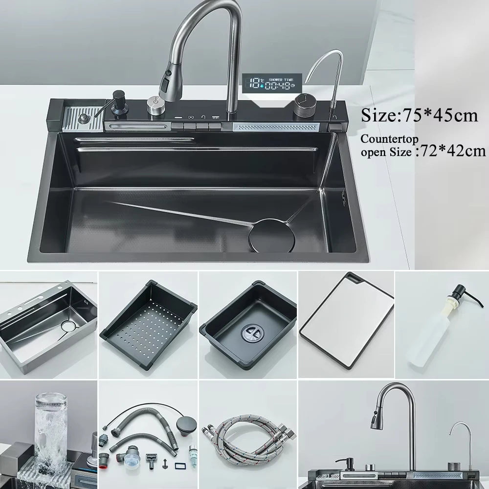 304 Stainless Steel Waterfall Kitchen Sink With Slot Integrated Digital Display Faucet Soap Dispenser And Cup Washer