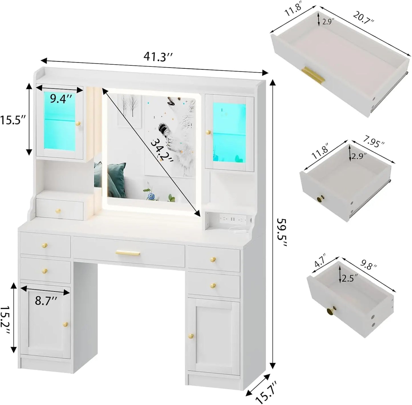 White Makeup Vanity Desk with Mirror and Lights Large Vanity Table Set with Charging Station Dressing Table with RGB Cabinets