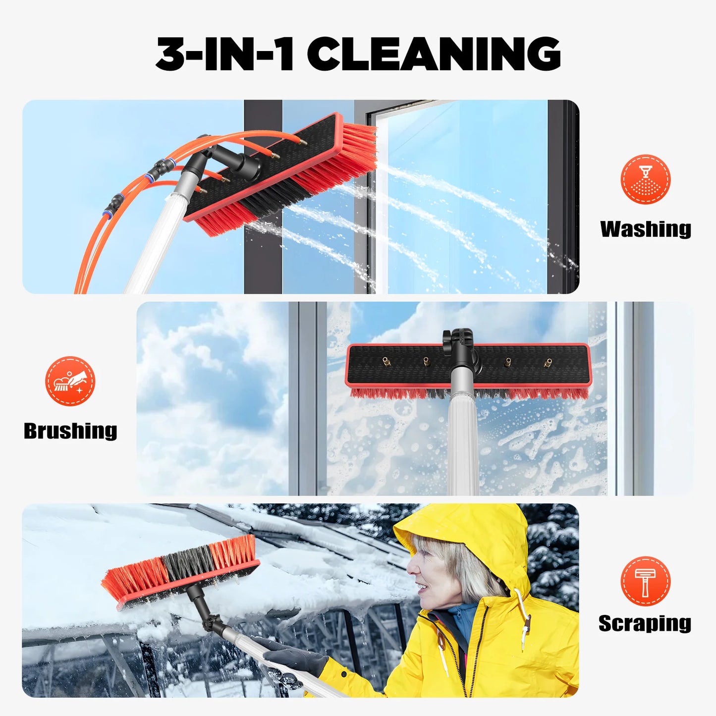 Water Fed Pole Cleaning Kit 180° Rotated Window Cleaner with Telescopic Handle Removable Brush Head Roof Cleaning Brush
