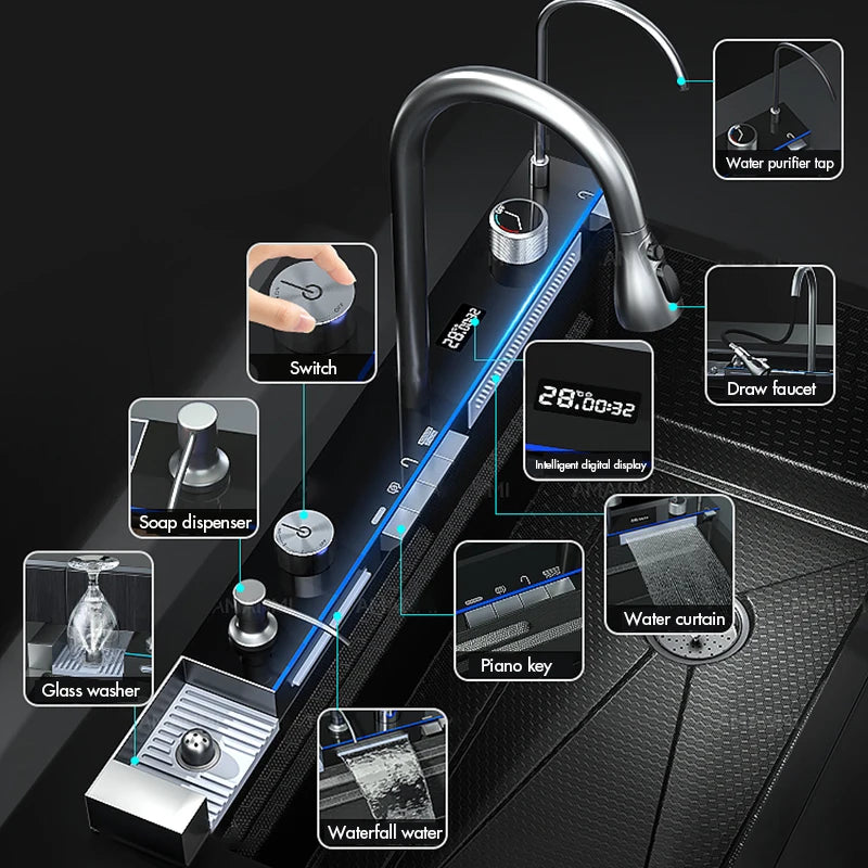 304 Stainless Steel Waterfall Kitchen Sink With Slot Integrated Digital Display Faucet Soap Dispenser And Cup Washer