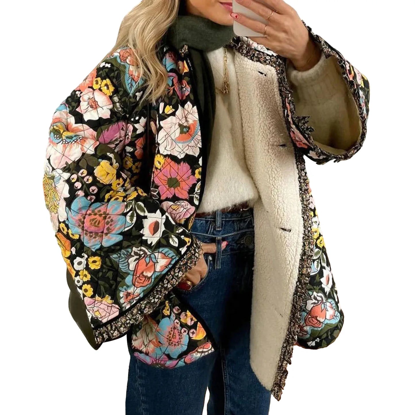 Women Winter Quilted Jacket Casual Floral Print Lightweight Long Sleeve Button Cardigan for Fall Outwear Streetwear