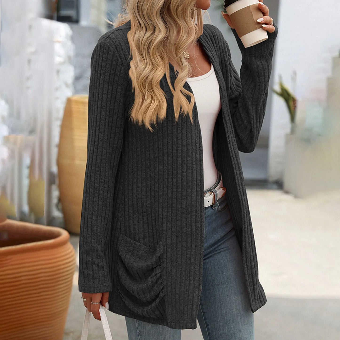 Women Sweater Cardigan Pockets Long Sleeve Solid Color Casual Loose Open Front Cardigan Lightweight Streetwear Fall Outerwear