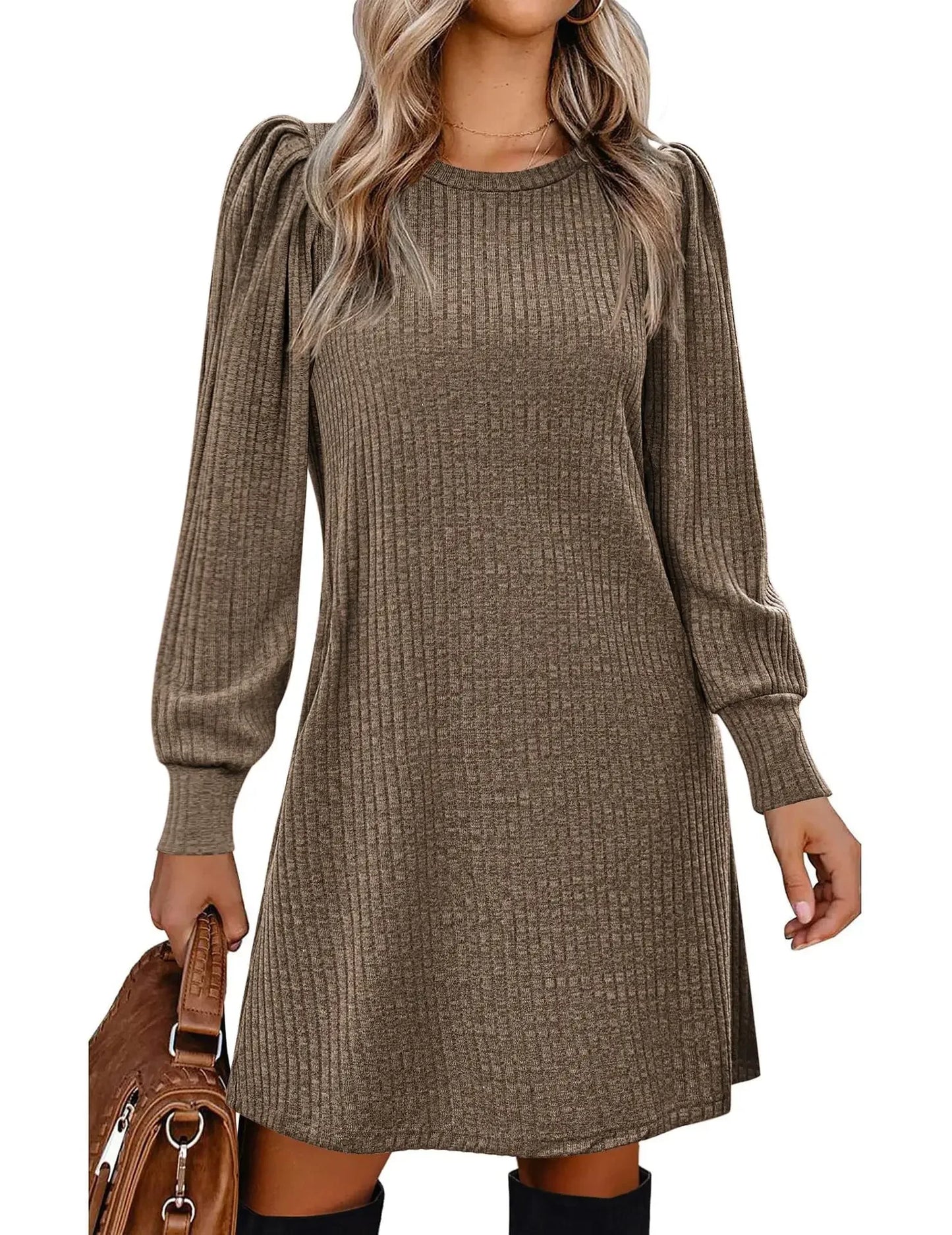 2025 Fashion Ladies Knit Bubble Sleeve Long Sleeve Autumn Winter Round Neck Casual Loose Dress with Pockets