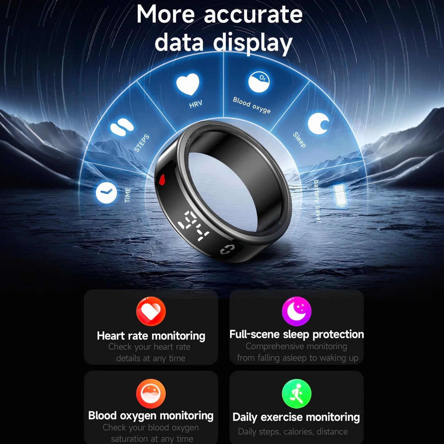 The newly upgraded smart ring features a digital display. It offers step counting, sleep monitoring, and multiple sports modes.