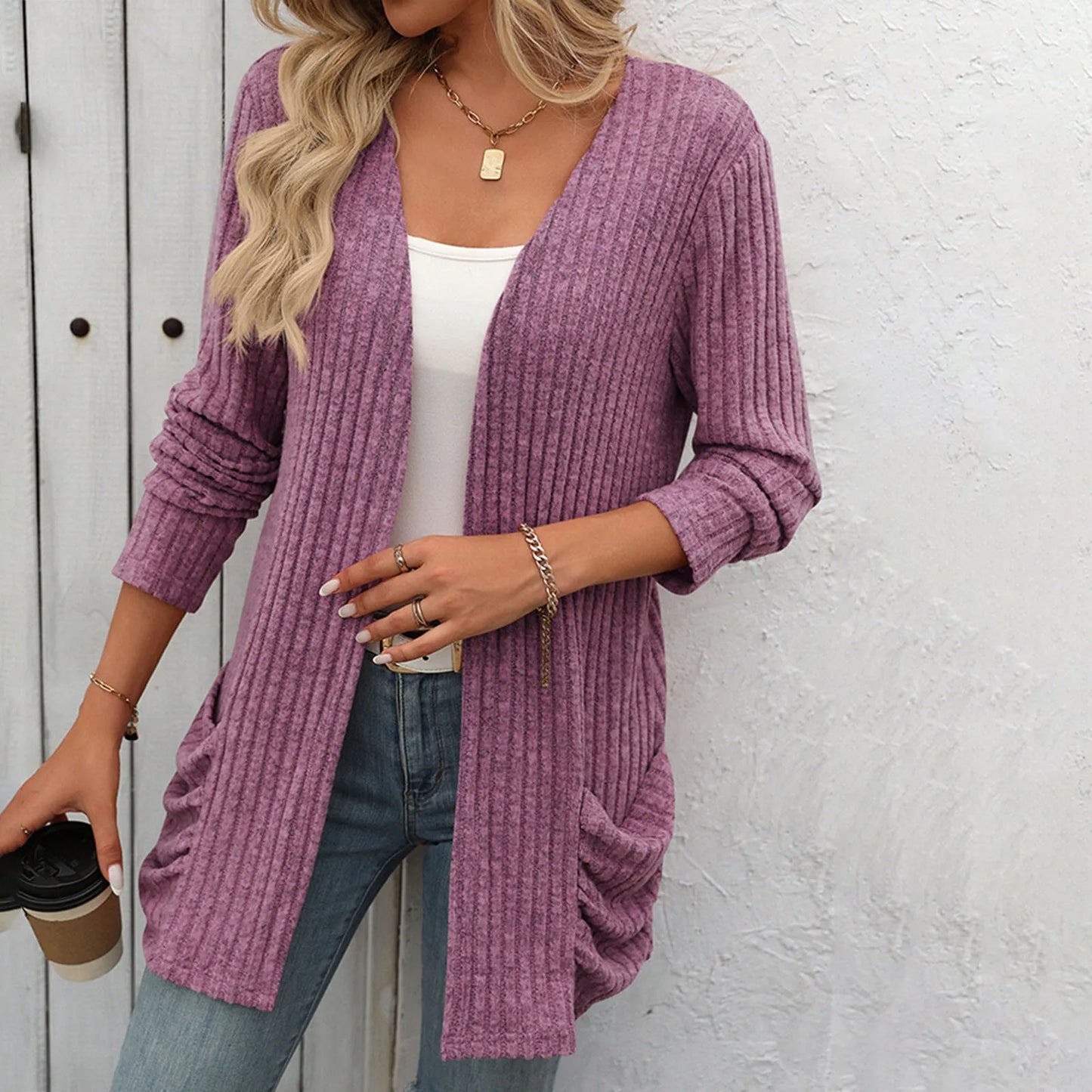 Women Sweater Cardigan Pockets Long Sleeve Solid Color Casual Loose Open Front Cardigan Lightweight Streetwear Fall Outerwear