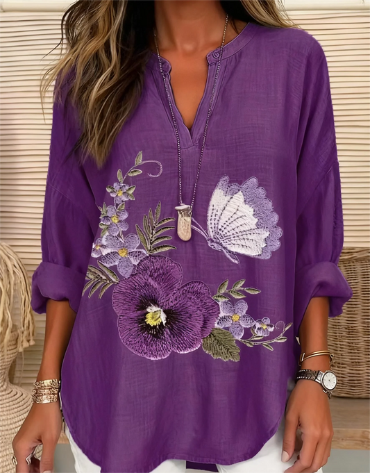 Women'S Vintage Floral Print V-Neck Long Sleeve Blouse - Casual Flowy Top