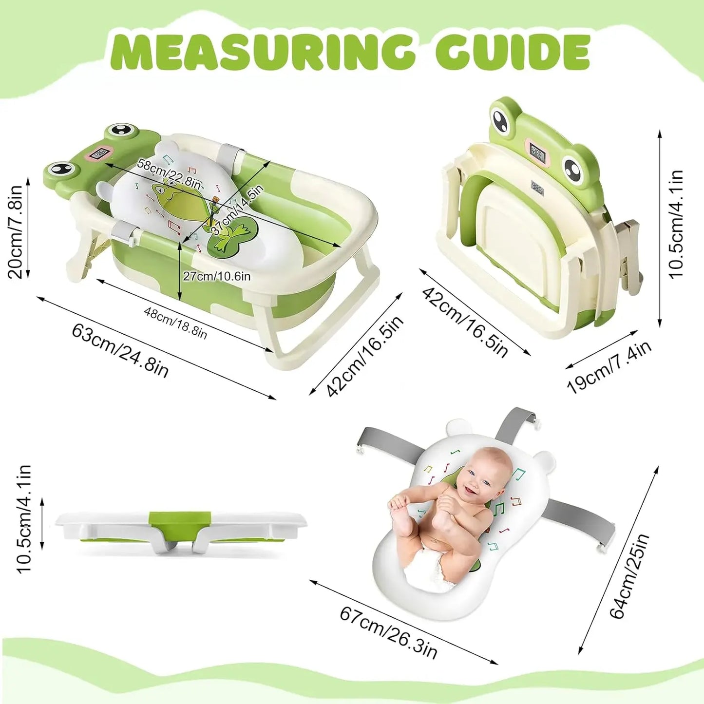 Foldable Baby Bath Tub Cushion Thermometer Shower Cap Brush for Newborn 0-36 Months