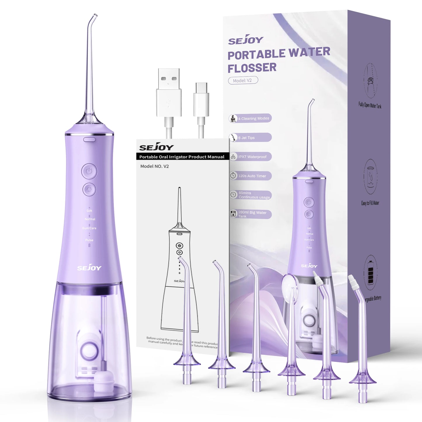 SEJOY Oral Irrigator USB Rechargeable Water Flosser Portable Dental Water Jet 280ML Water Tank Waterproof Teeth Cleaner For Oral