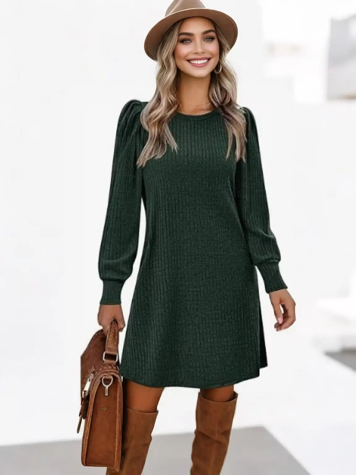 2025 Fashion Ladies Knit Bubble Sleeve Long Sleeve Autumn Winter Round Neck Casual Loose Dress with Pockets