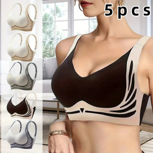 4 Piece Set EssElegance Nylon Color Block Back Buckle Adjustable Push Up Seamless Wireless Wire Free Comfortable Bra