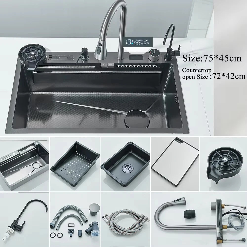 304 Stainless Steel Waterfall Kitchen Sink With Slot Integrated Digital Display Faucet Soap Dispenser And Cup Washer