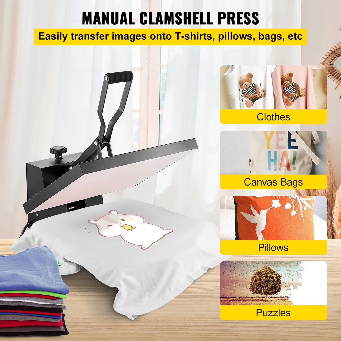 SucceBuy Heat Press Machine 15"x15"/ 16"x20" /16"x24" Sublimation Printer Manual Clamshell Transfer on DIY T-shirt Pillow