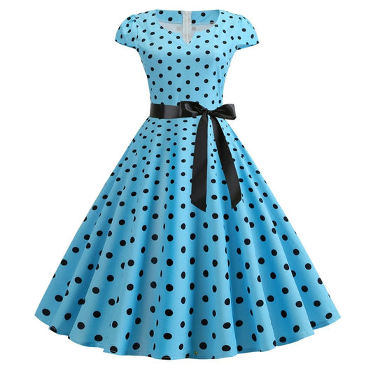 Vintage 1950s Retro Pleated Dress Short Sleeve Polka Dot Print Dress For Women Elegant Evening Party Gown Prom Swing Dresses