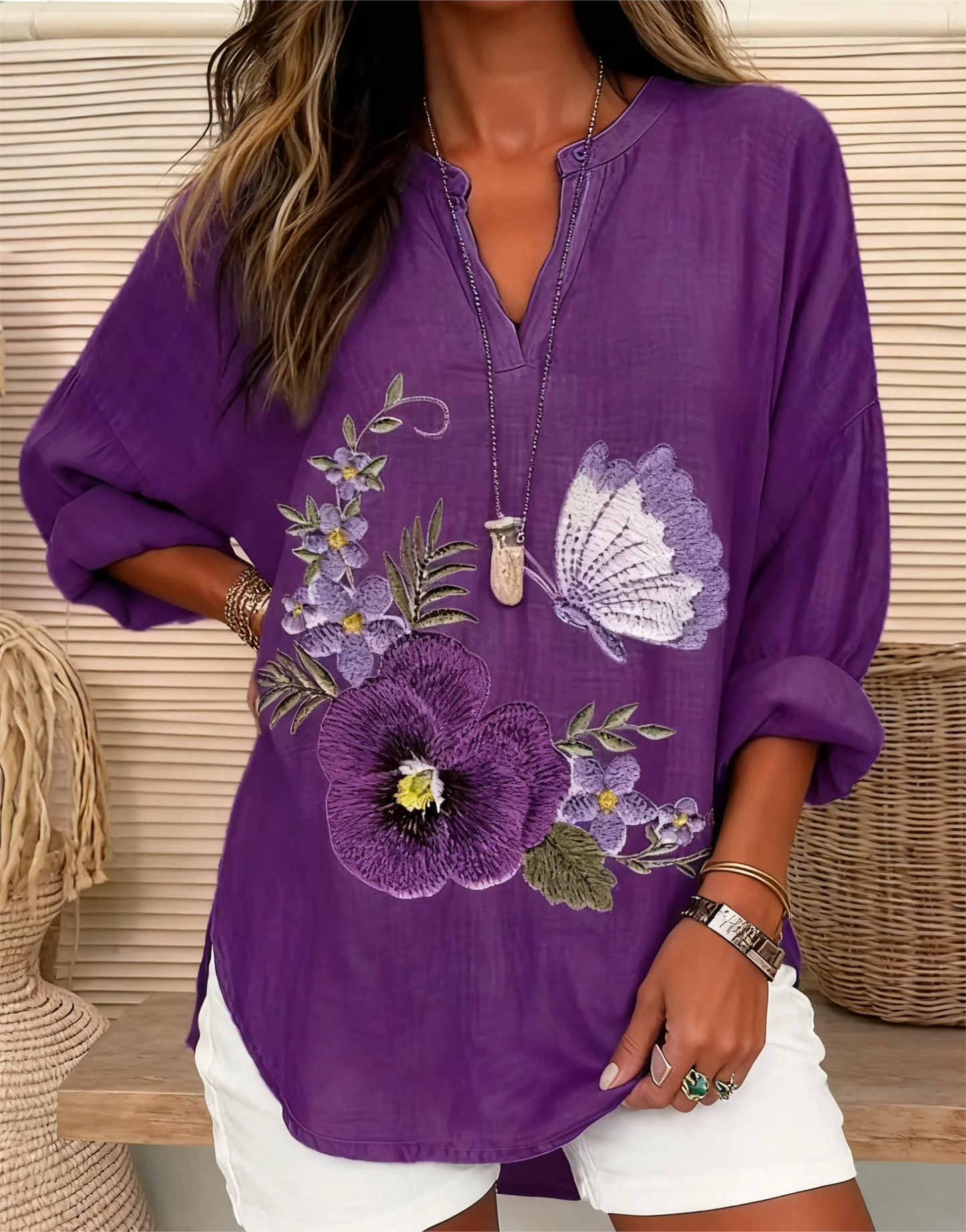 Women'S Vintage Floral Print V-Neck Long Sleeve Blouse - Casual Flowy Top