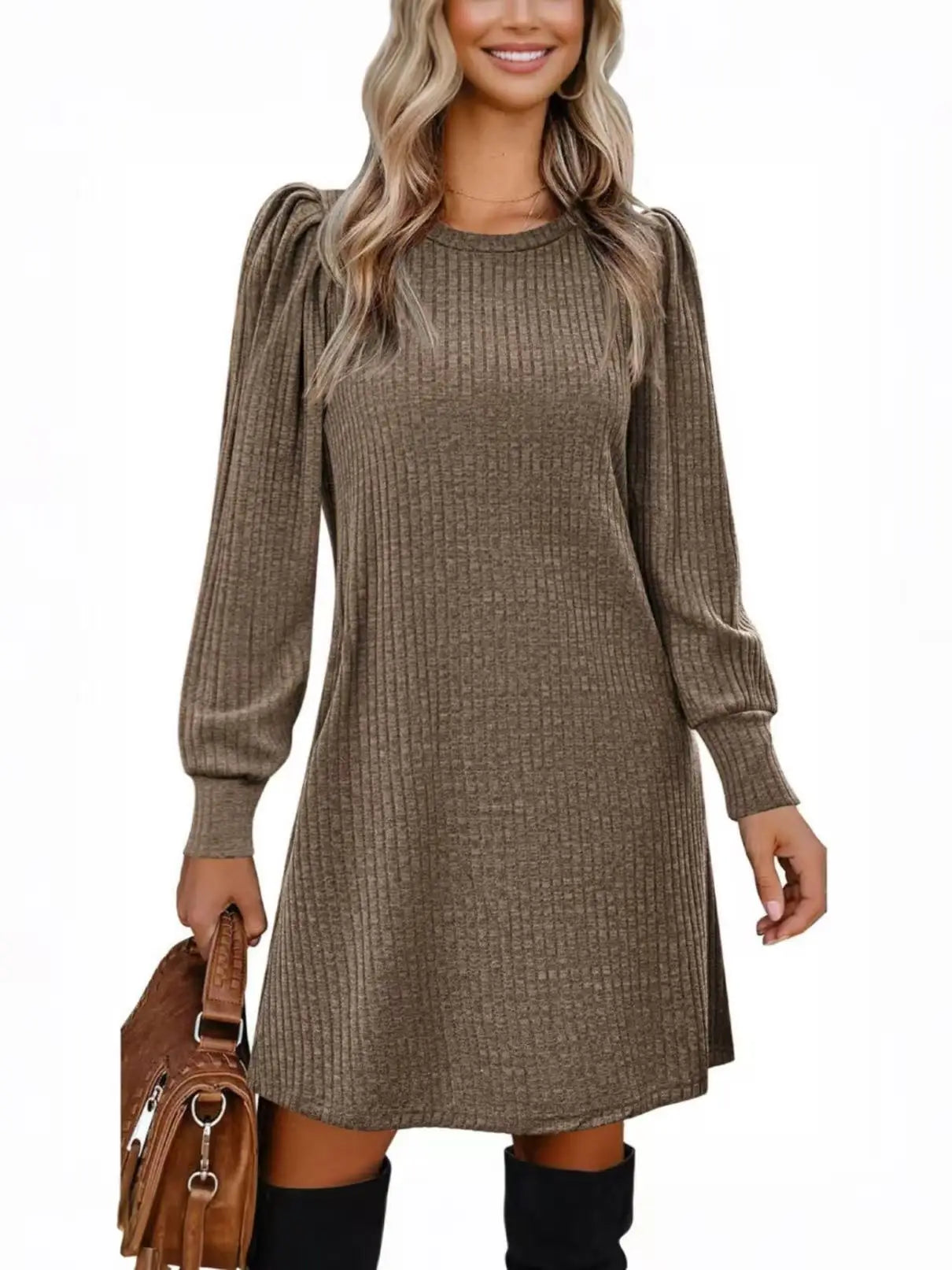 2025 Fashion Ladies Knit Bubble Sleeve Long Sleeve Autumn Winter Round Neck Casual Loose Dress with Pockets