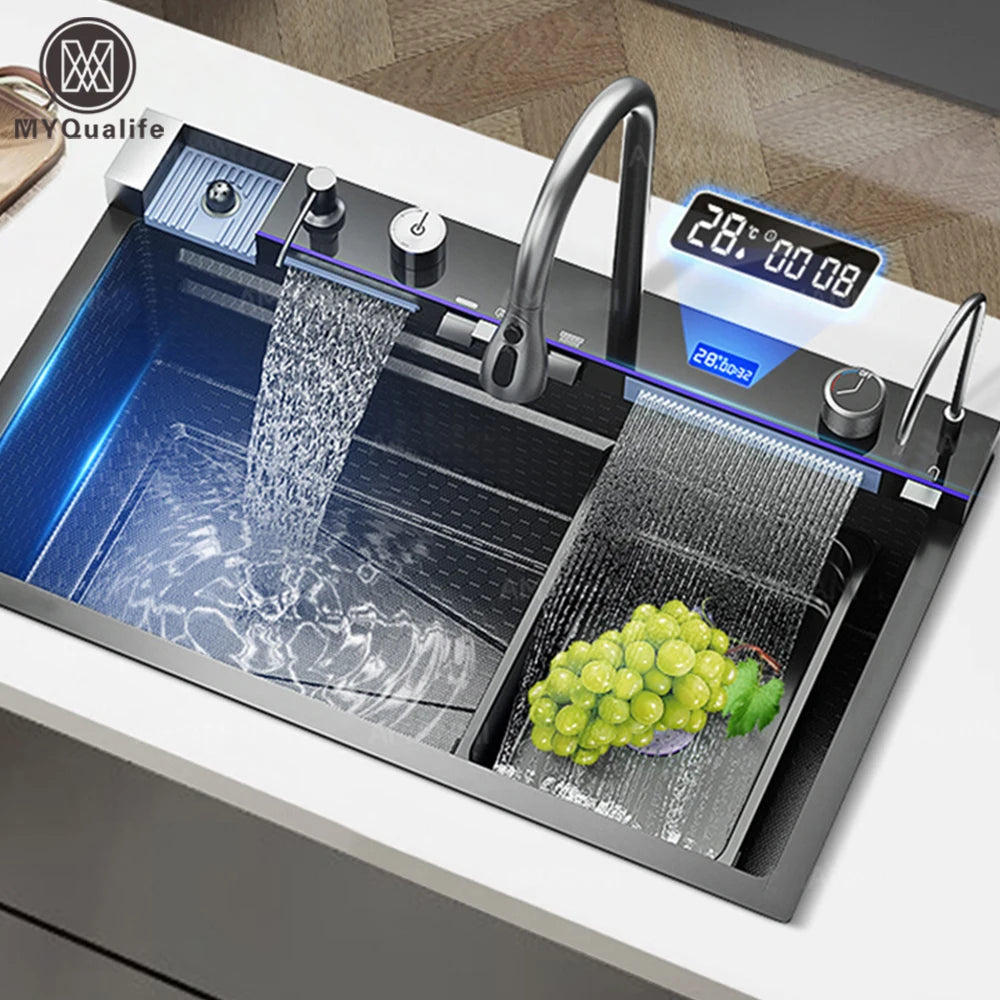 304 Stainless Steel Waterfall Kitchen Sink With Slot Integrated Digital Display Faucet Soap Dispenser And Cup Washer