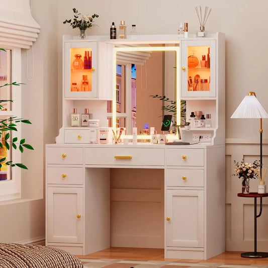 White Makeup Vanity Desk with Mirror and Lights Large Vanity Table Set with Charging Station Dressing Table with RGB Cabinets