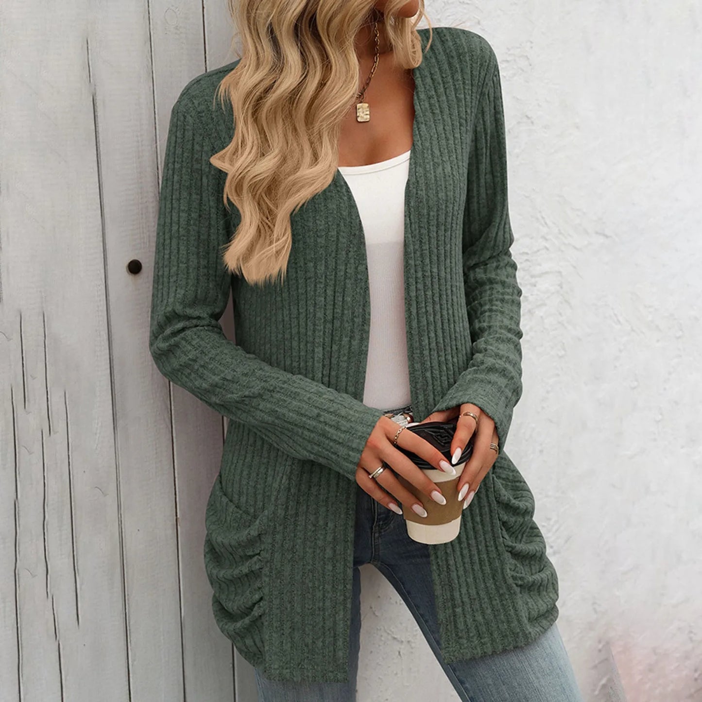 Women Sweater Cardigan Pockets Long Sleeve Solid Color Casual Loose Open Front Cardigan Lightweight Streetwear Fall Outerwear