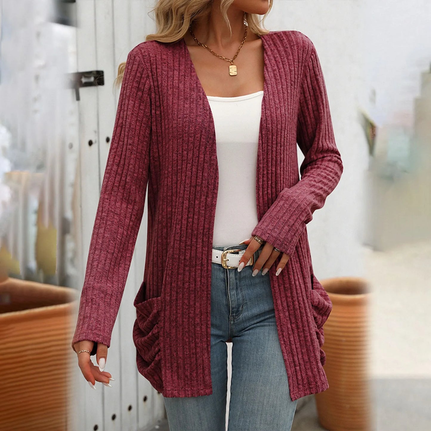 Women Sweater Cardigan Pockets Long Sleeve Solid Color Casual Loose Open Front Cardigan Lightweight Streetwear Fall Outerwear