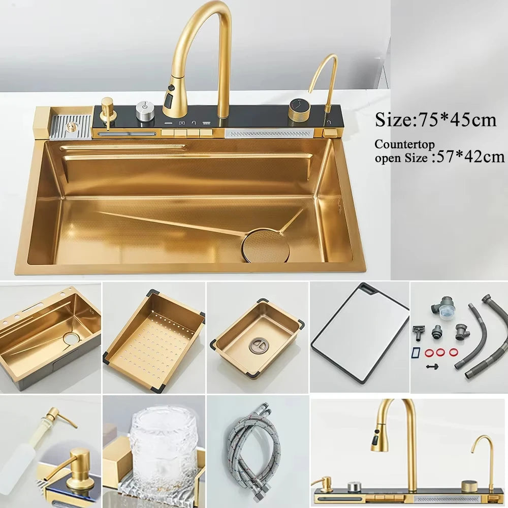 304 Stainless Steel Waterfall Kitchen Sink With Slot Integrated Digital Display Faucet Soap Dispenser And Cup Washer