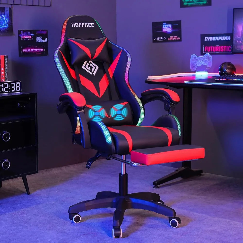 LED RGB Light Massage Ergonomic Video Game Chair with Footrest and High Back Reclining for Computer Use