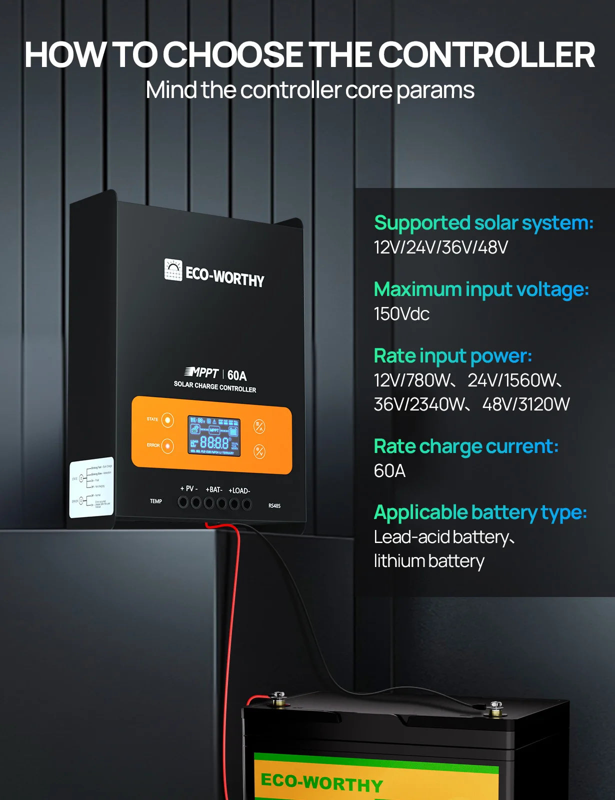 ECO WORTHY 60A MPPT Solar Charge Controller 12V 24V 36V 48V Battery Regulator for Lead Acid LiFePO4 RV Solar System
