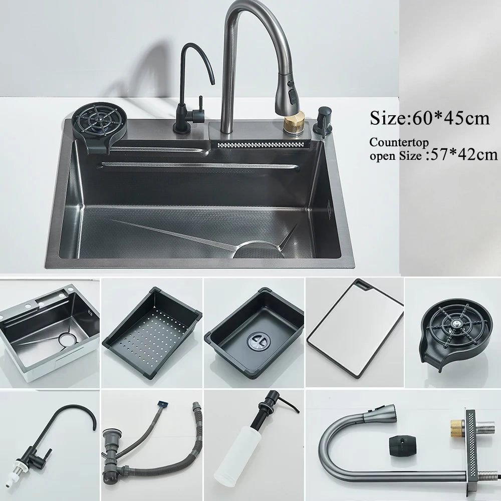 304 Stainless Steel Waterfall Kitchen Sink With Slot Integrated Digital Display Faucet Soap Dispenser And Cup Washer