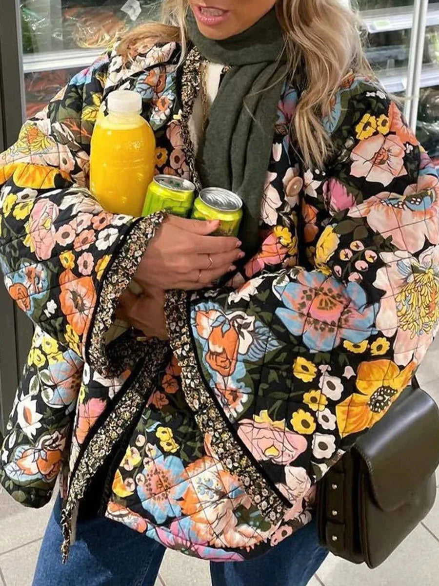 Women Winter Quilted Jacket Casual Floral Print Lightweight Long Sleeve Button Cardigan for Fall Outwear Streetwear