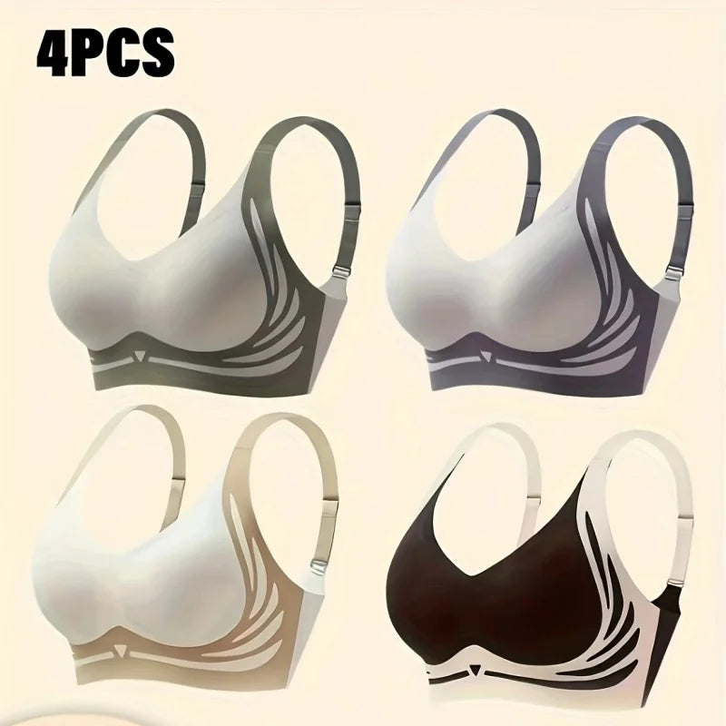 4 Piece Set EssElegance Nylon Color Block Back Buckle Adjustable Push Up Seamless Wireless Wire Free Comfortable Bra
