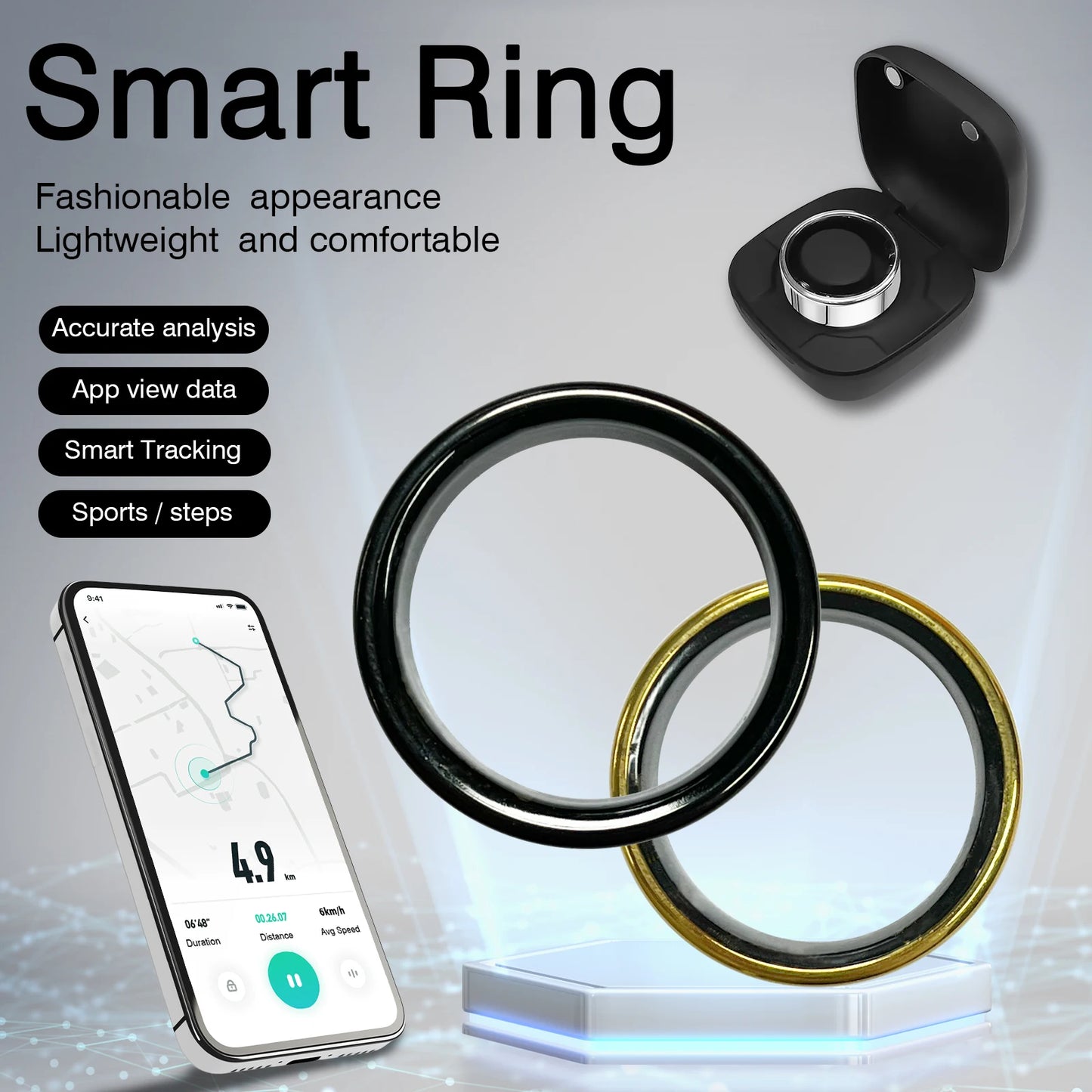Smart Ring with Charging Case for Men Women, Health and Sleep Monitor, IP68 5ATM Waterproof, Multi-sport Mode